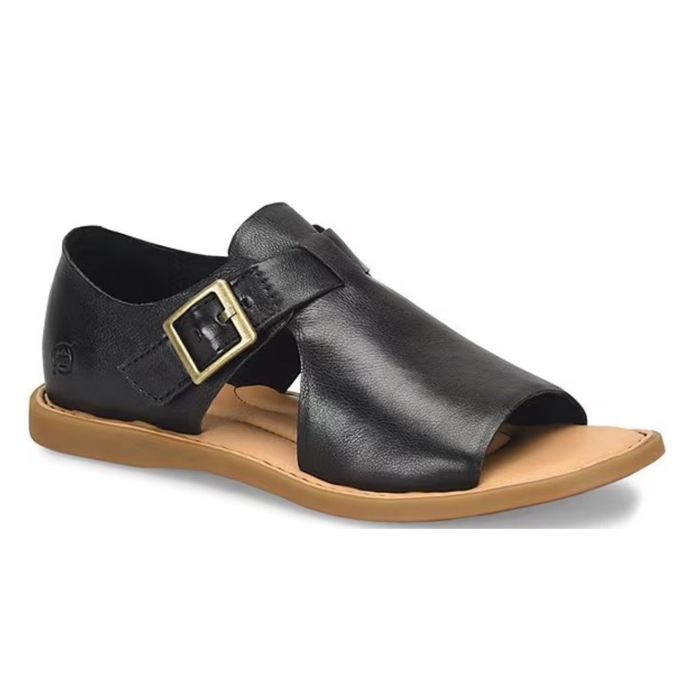 Born Ivey Black Leather Open Toe Flats Buckle Sandals 8M BR0067203